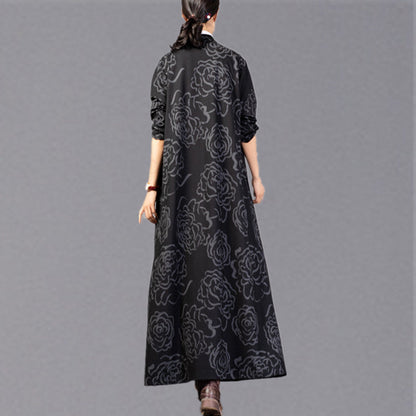 Black Print Winter Coat Stand Collar Coat Pockets Trench Coat