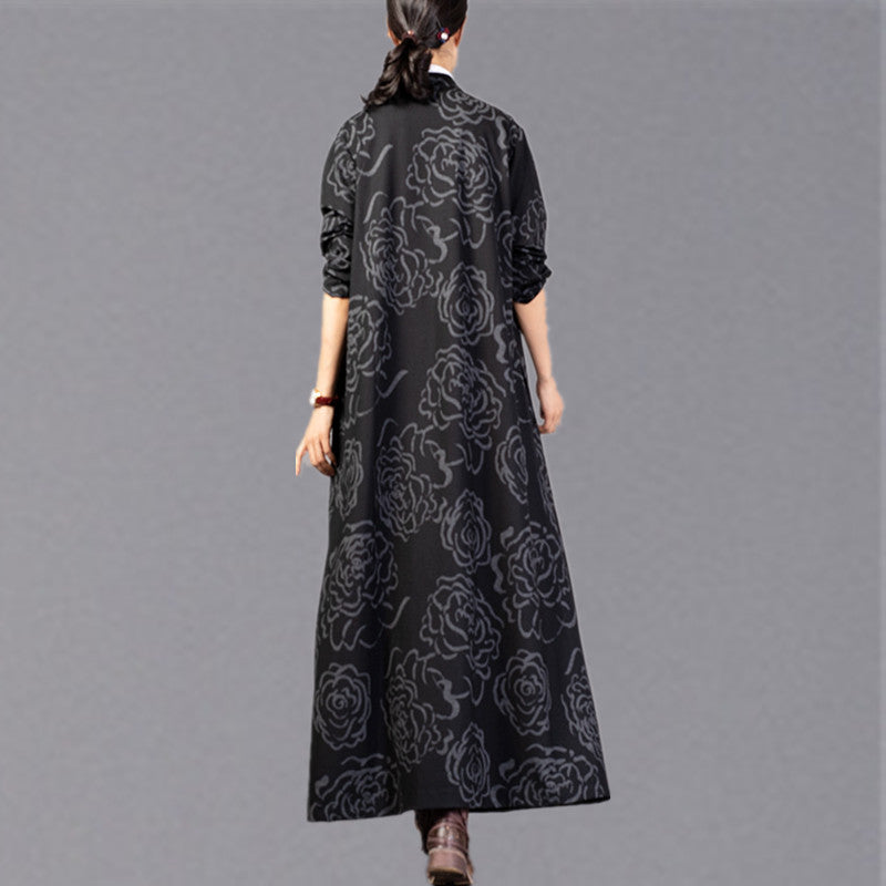 Black Print Winter Coat Stand Collar Coat Pockets Trench Coat