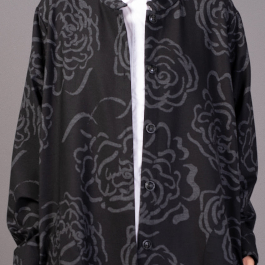 Black Print Winter Coat Stand Collar Coat Pockets Trench Coat