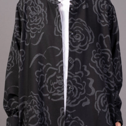 Black Print Winter Coat Stand Collar Coat Pockets Trench Coat