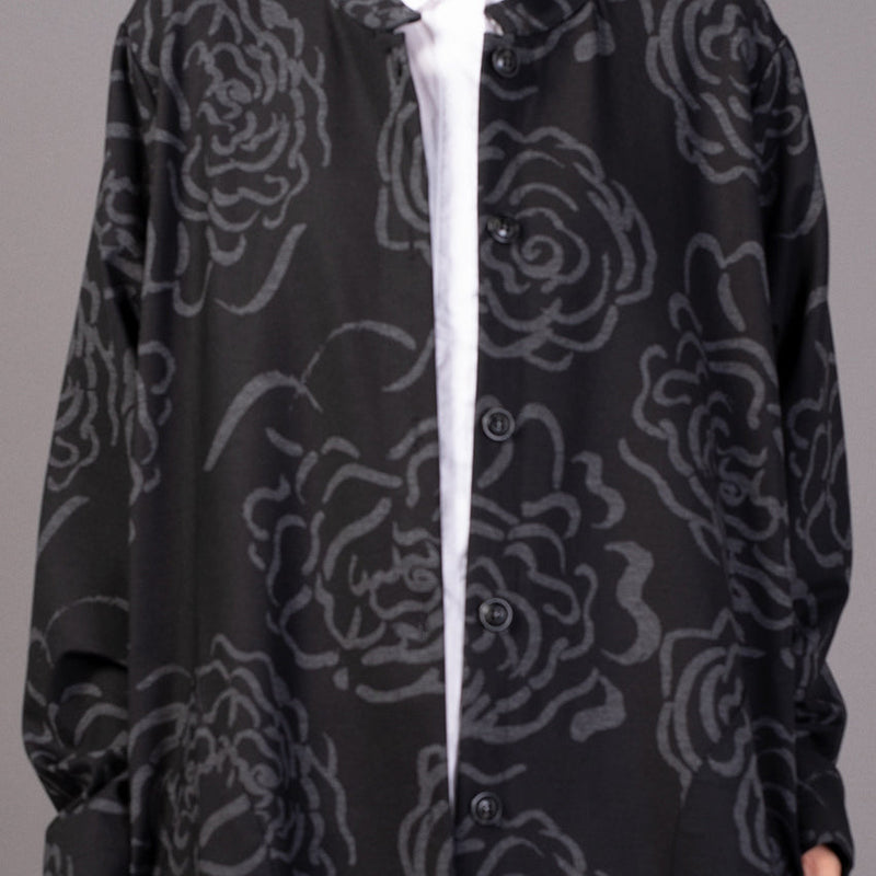 Black Print Winter Coat Stand Collar Coat Pockets Trench Coat