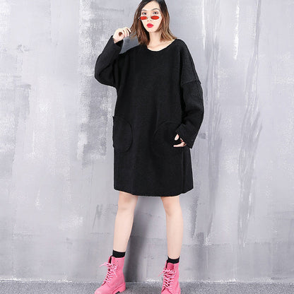 vintage black pure wool tops oversize O neck holiday tops New pockets wool clothing