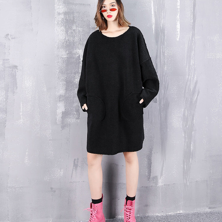 vintage black pure wool tops oversize O neck holiday tops New pockets wool clothing