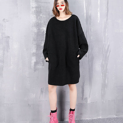 vintage black pure wool tops oversize O neck holiday tops New pockets wool clothing