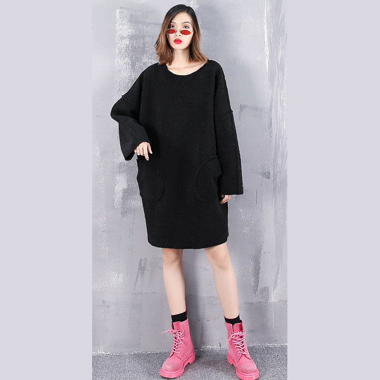 Black Pure Wool Tops Oversize O Neck Holiday Tops New Pockets Wool Clothing