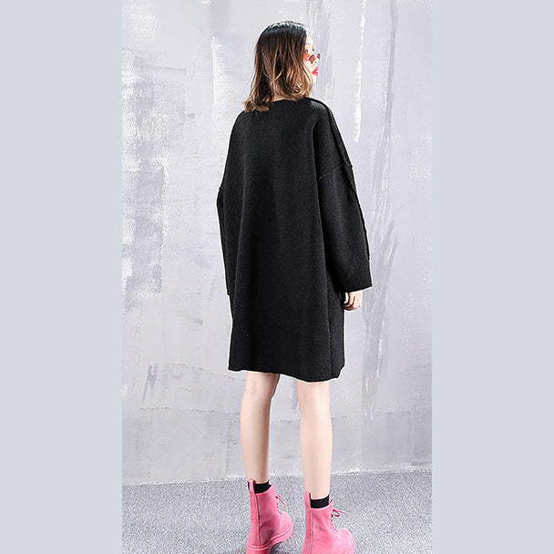 vintage black pure wool tops oversize O neck holiday tops New pockets wool clothing