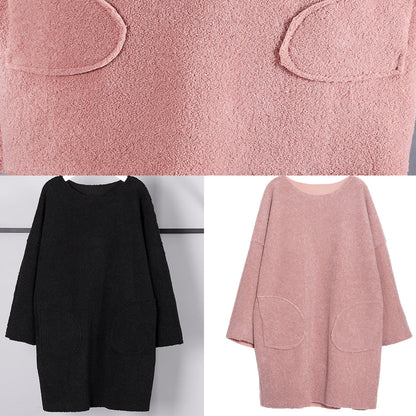 Black Pure Wool Tops Oversize O Neck Holiday Tops New Pockets Wool Clothing