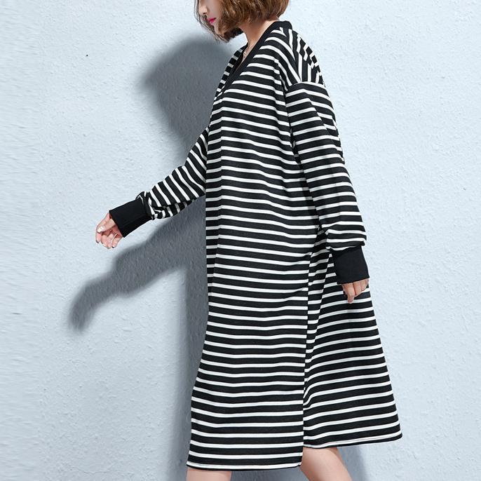 Black White Striped Long Cotton Dresses Oversize V Neck Cotton Maxi Dress Fine Side Open Caftans