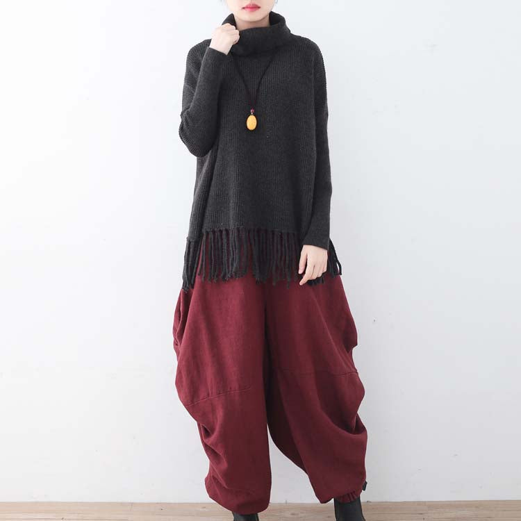Blackish Green Cozy Sweater Fall Tassel Knit Sweat Tops High Neck Shirt