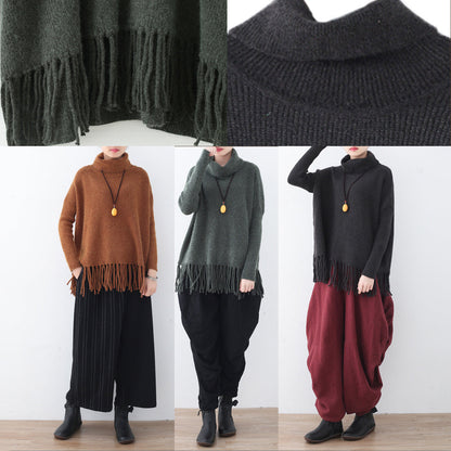 Blackish Green Cozy Sweater Fall Tassel Knit Sweat Tops High Neck Shirt