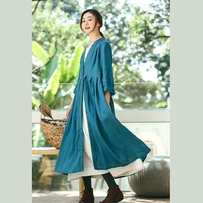 Blue Coat Oversized V Neck Cinched Boutique Long Sleeve Baggy Coat