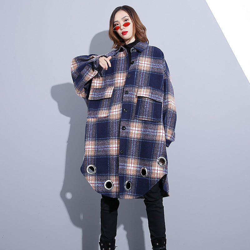 Blue Plaid Coats Turn-down Collar Winter Coat Boutique Pockets Coat