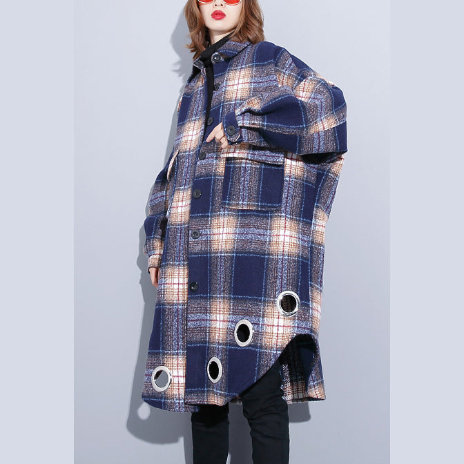 Blue Plaid Coats Turn-down Collar Winter Coat Boutique Pockets Coat