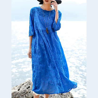 Blue Natural Silk Linen Dress Loose Fitting O Neck Silk Linen Clothing Dresses Three Quarter Sleeve Baggy Dresses