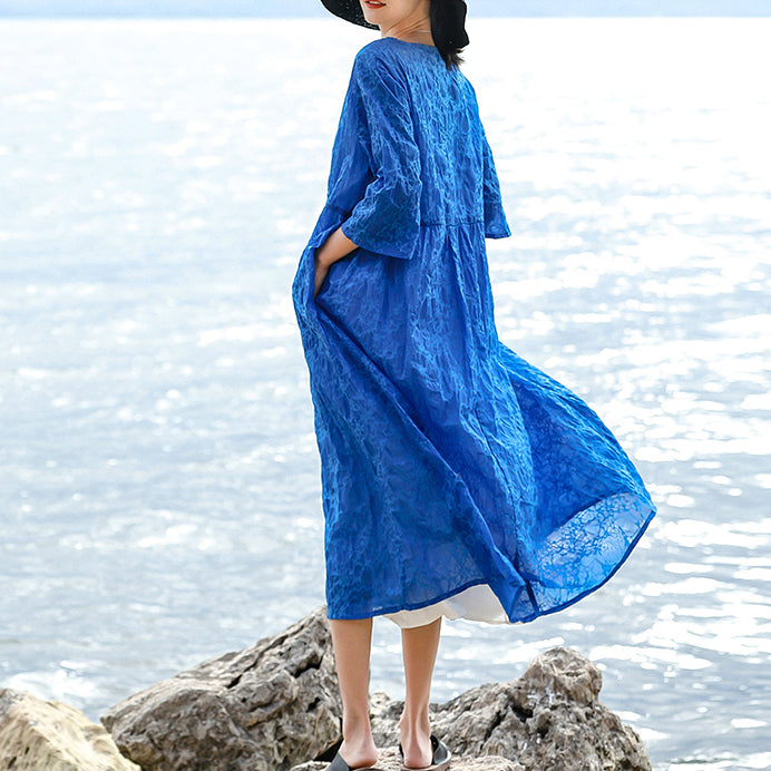 Blue Natural Silk Linen Dress Loose Fitting O Neck Silk Linen Clothing Dresses Three Quarter Sleeve Baggy Dresses