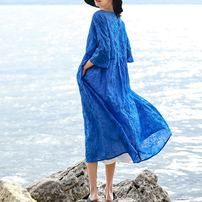 Blue Natural Silk Linen Dress Loose Fitting O Neck Silk Linen Clothing Dresses Three Quarter Sleeve Baggy Dresses