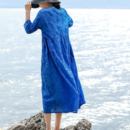 Blue Natural Silk Linen Dress Loose Fitting O Neck Silk Linen Clothing Dresses Three Quarter Sleeve Baggy Dresses