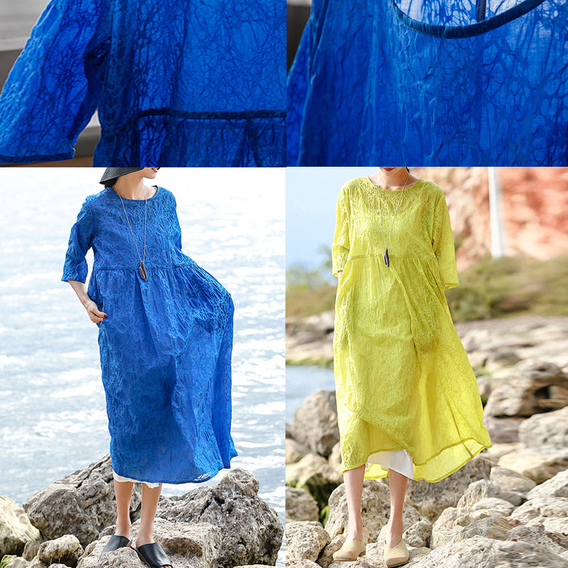 Blue Natural Silk Linen Dress Loose Fitting O Neck Silk Linen Clothing Dresses Three Quarter Sleeve Baggy Dresses