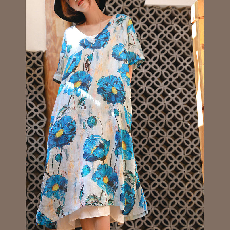 Blue White Print Linen Maxi Dress Loose Fitting V Neck Linen Gown Fine Half Sleeve Baggy Dresses