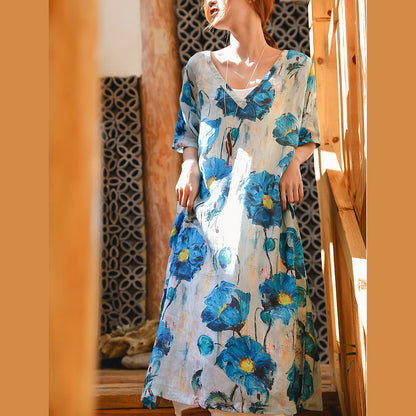 Blue White Print Linen Maxi Dress Loose Fitting V Neck Linen Gown Fine Half Sleeve Baggy Dresses