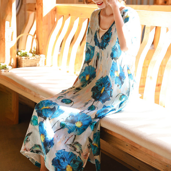 Blue White Print Linen Maxi Dress Loose Fitting V Neck Linen Gown Fine Half Sleeve Baggy Dresses