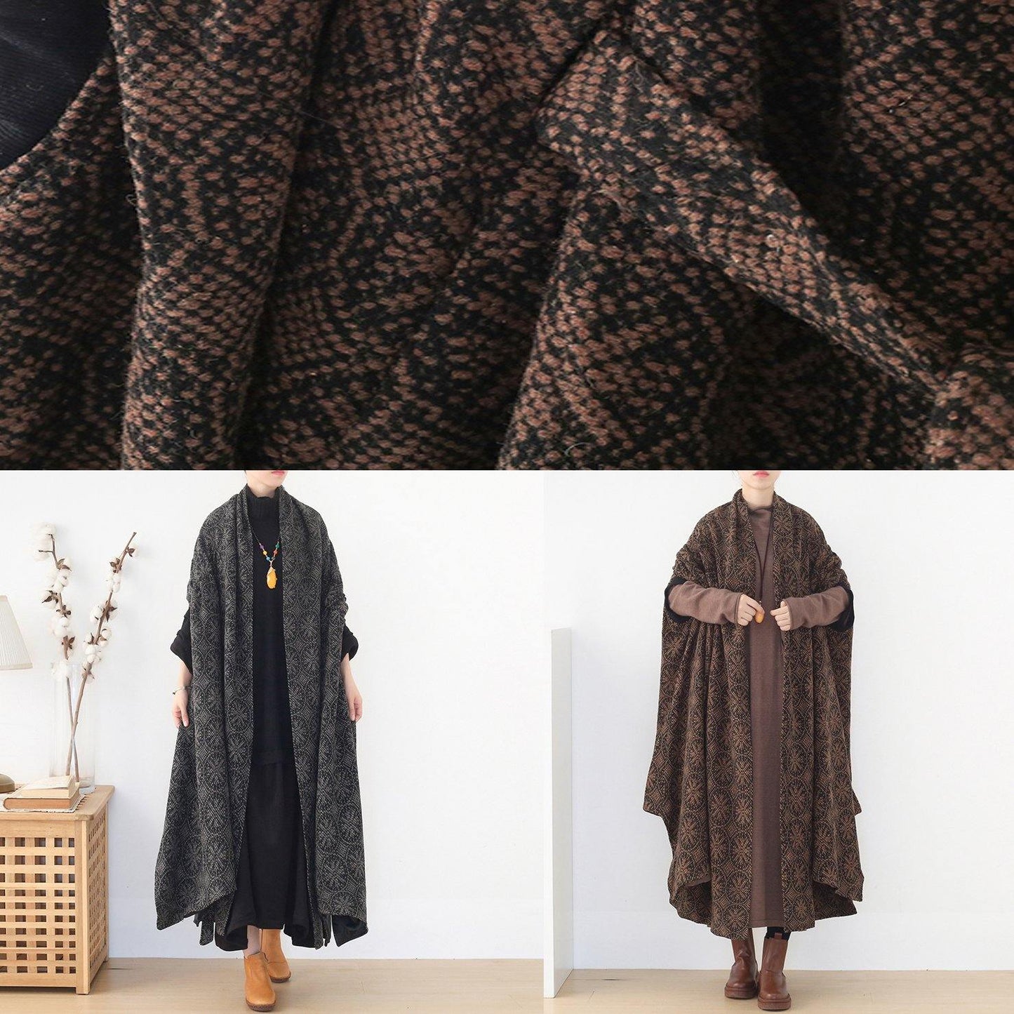 Brown Wool Coat V Neck Trench Coat Cloak Woolen Outwear