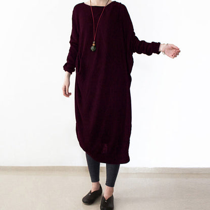 Burgundy Knit Dresses Fall O Neck Pullover Low High Design Long Knit Sweaters