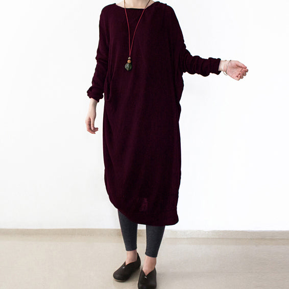 Burgundy Knit Dresses Fall O Neck Pullover Low High Design Long Knit Sweaters