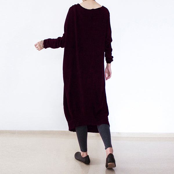 Burgundy Knit Dresses Fall O Neck Pullover Low High Design Long Knit Sweaters