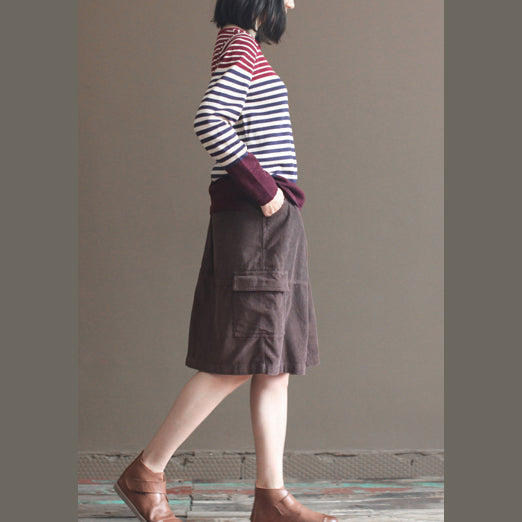 Burgundy Striped Patchwork Cotton Knit Tops Elastic Sweater