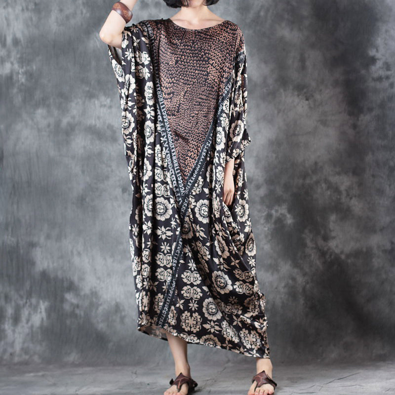 Chocolate Silk Sundress O Neck Batwing Sleeve Summer Dress Baggy Dresses Silk Sundress