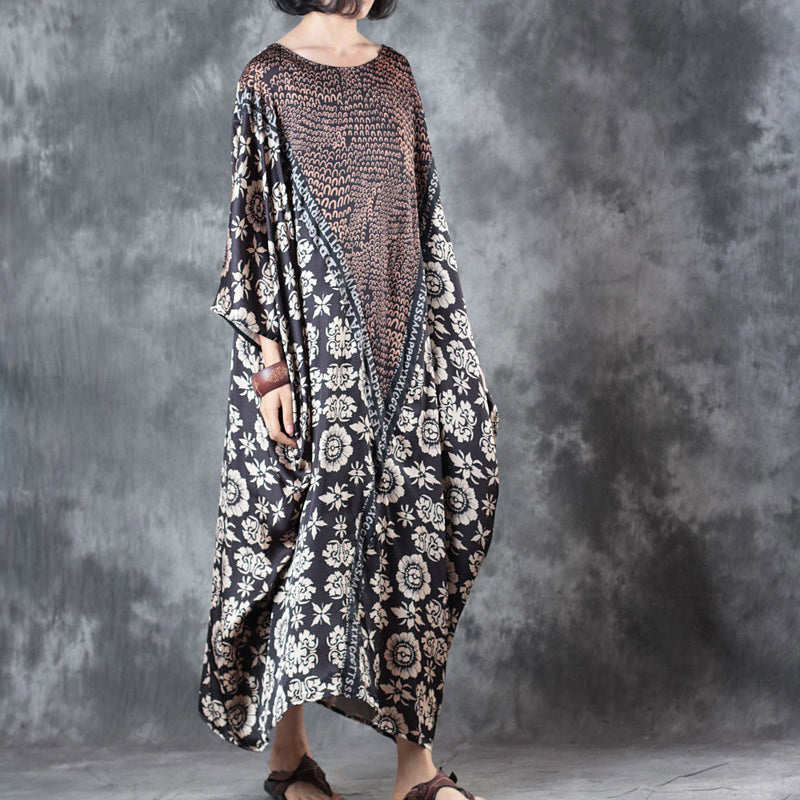 Chocolate Silk Sundress O Neck Batwing Sleeve Summer Dress Baggy Dresses Silk Sundress