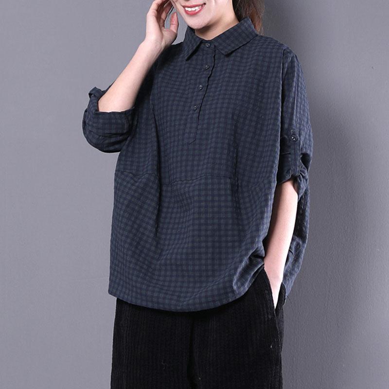 Cotton Blended Tops Oversized Polo Collar Long Sleeve Green Plaid Shirt