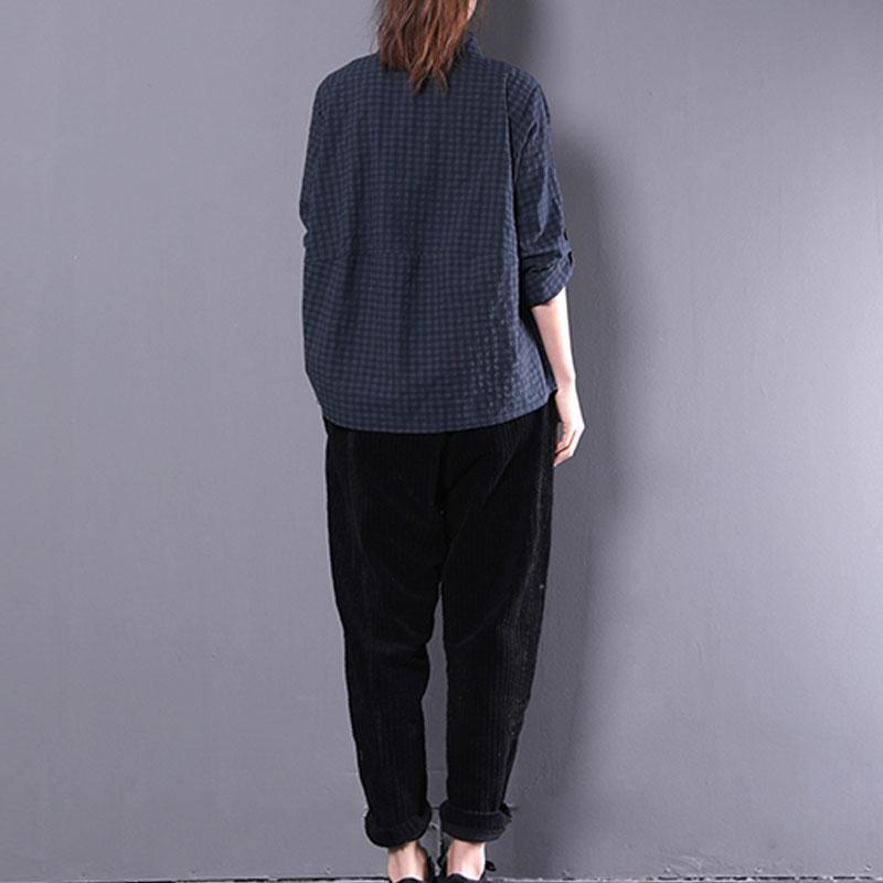 Cotton Blended Tops Oversized Polo Collar Long Sleeve Green Plaid Shirt