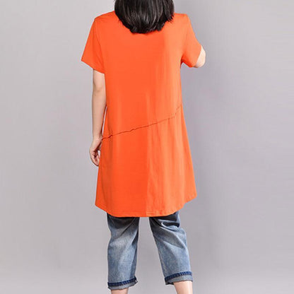 Cotton Blouses Round Neck Short Sleeve Orange T Shirt