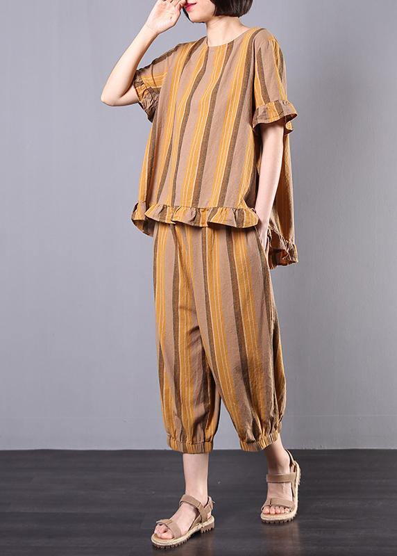 Cotton Linen Yellow Striped Ruffles Short Sleeve Blouse With Harem Pants