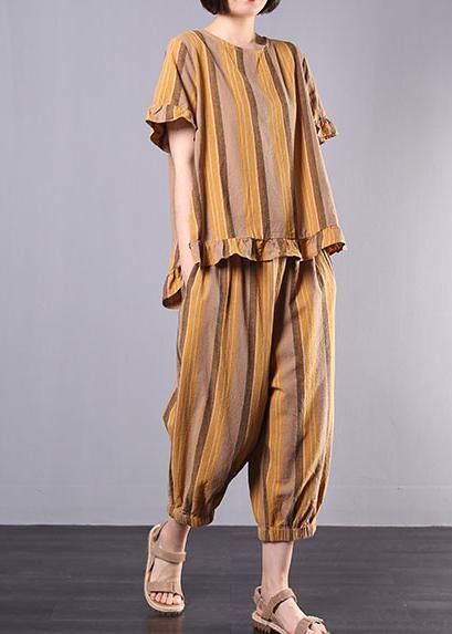 Cotton Linen Yellow Striped Ruffles Short Sleeve Blouse With Harem Pants