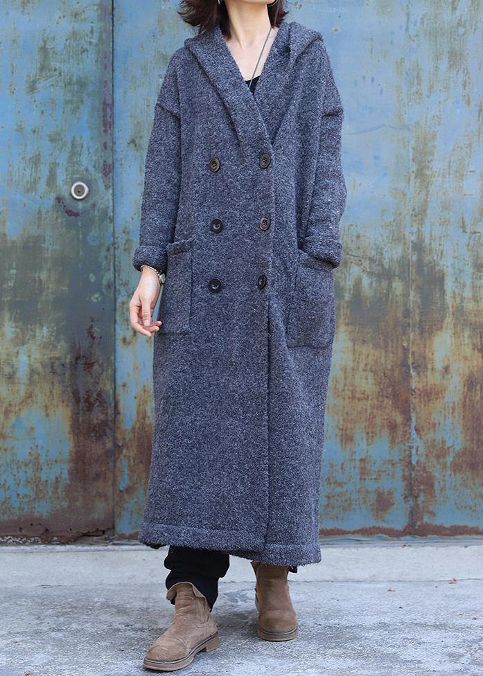 Dark Gray Woolen Outwear Double Breastmaxi Coat Hooded Woolen Outwear
