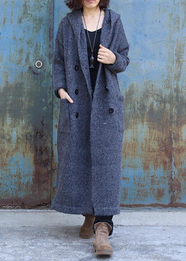 Dark Gray Woolen Outwear Double Breastmaxi Coat Hooded Woolen Outwear