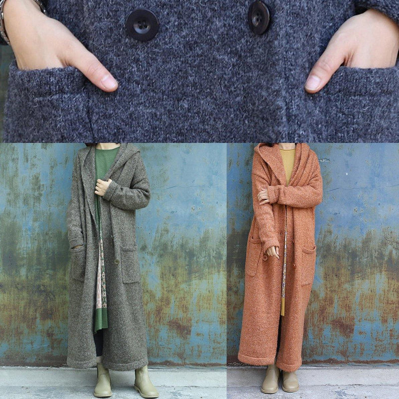 Dark Gray Woolen Outwear Double Breastmaxi Coat Hooded Woolen Outwear