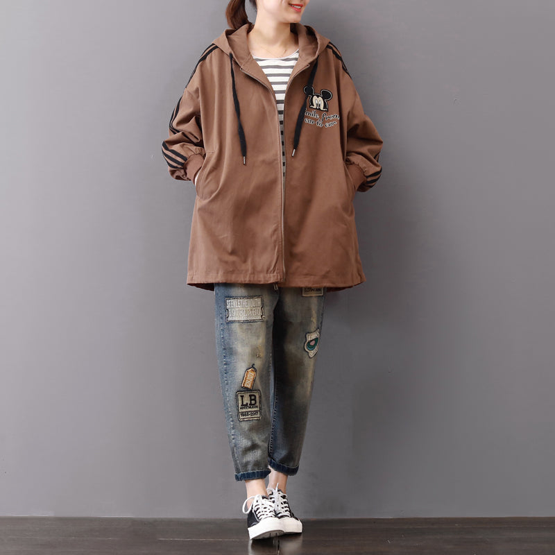 Dark Khaki Midi-length Cotton Coats Oversize Cotton Fine Zippered Hooded Natural Cotton Coat