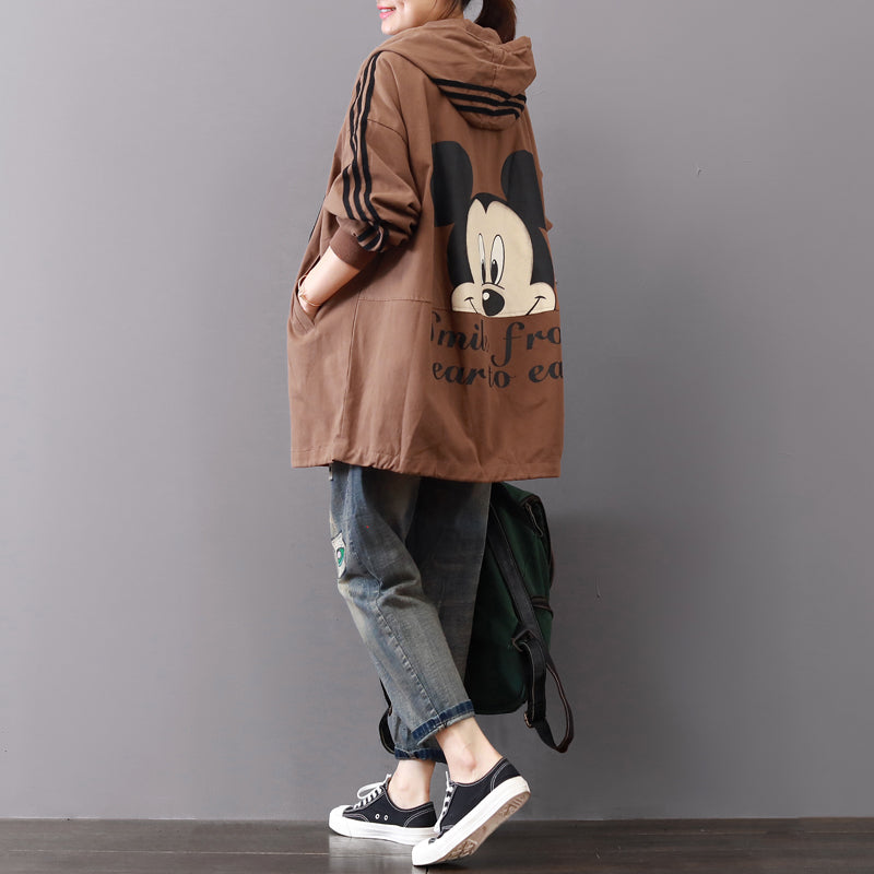Dark Khaki Midi-length Cotton Coats Oversize Cotton Fine Zippered Hooded Natural Cotton Coat