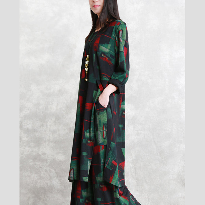 Cotton Blended Two Pieces Caftans Loose Fitting O Neck Pockets Gown Long Sleeve Side Open Tops Elastic Waist Trouse