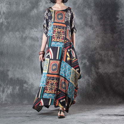 Silk Dress O Neck Asymmetric Silk Dress Short Sleeve Baggy Dresses