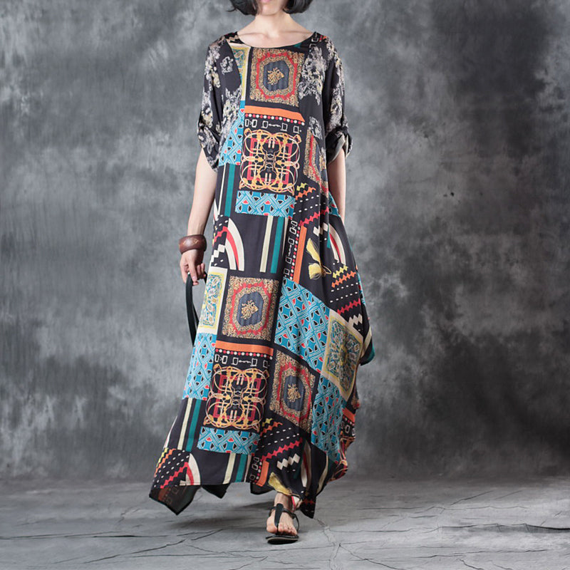 Silk Dress O Neck Asymmetric Silk Dress Short Sleeve Baggy Dresses