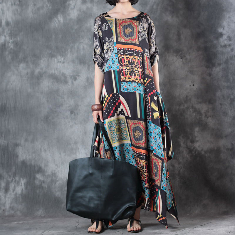 Silk Dress O Neck Asymmetric Silk Dress Short Sleeve Baggy Dresses