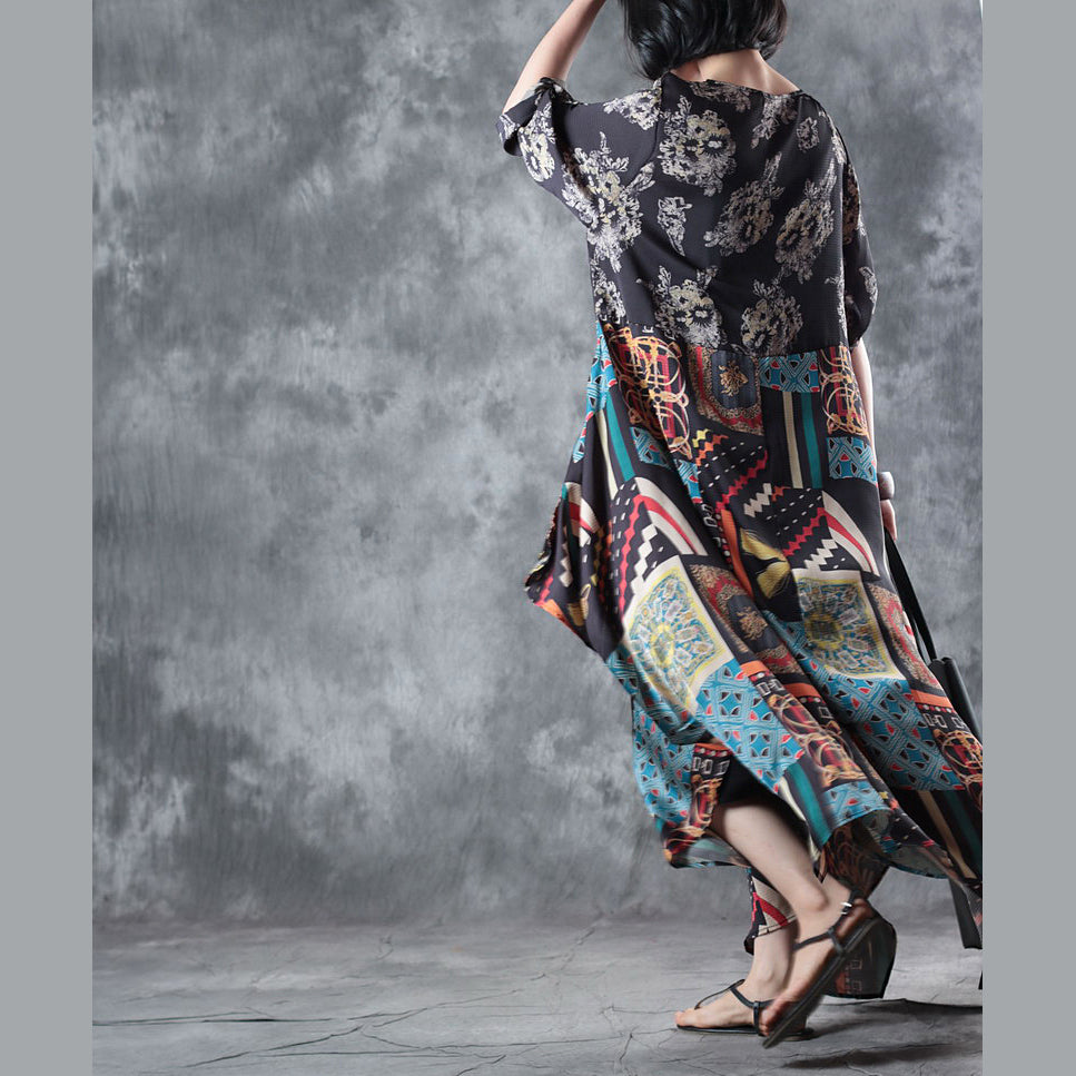 Silk Dress O Neck Asymmetric Silk Dress Short Sleeve Baggy Dresses