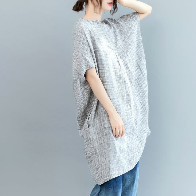 Gray Plaid Midi-length Linen Dress Linen Clothing Dress Fine Batwing Sleeve O Neck Baggy Dresses