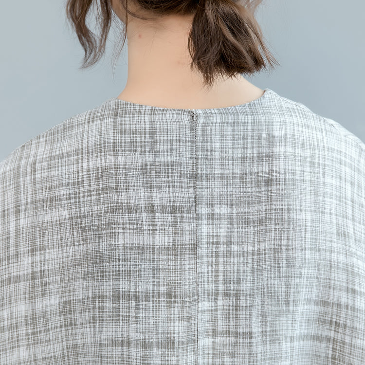 Gray Plaid Midi-length Linen Dress Linen Clothing Dress Fine Batwing Sleeve O Neck Baggy Dresses