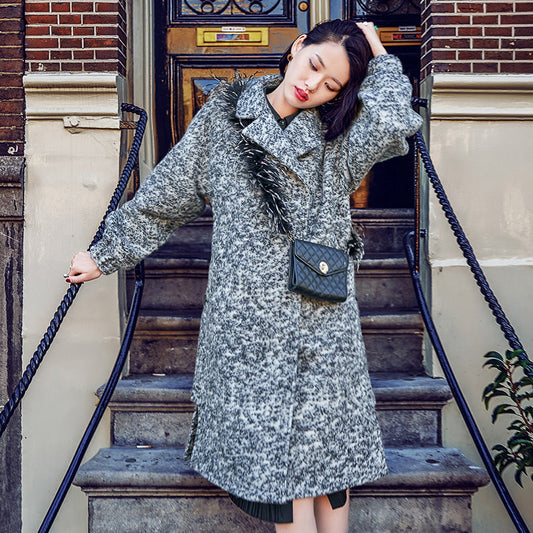 Gray Wool Coat Loose Fitting Notched Long Coat Side Open Coat